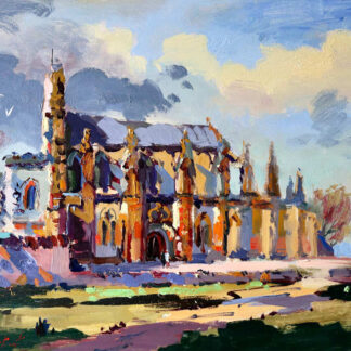 The image depicts an impressionistic painting of a church with bold strokes of color under a dynamic blue sky. By Joseph Maxwell Stuart