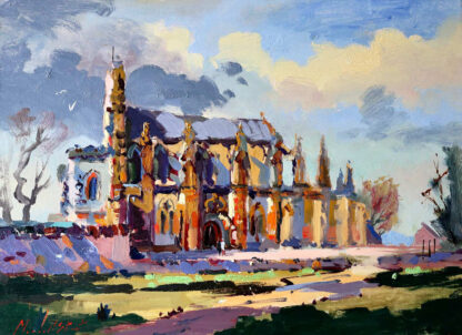 The image depicts an impressionistic painting of a church with bold strokes of color under a dynamic blue sky. By Joseph Maxwell Stuart