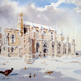 A watercolor painting of a historic building amidst a snowy landscape with a pheasant in the foreground. By Joseph Maxwell Stuart