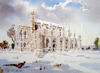 A watercolor painting of a historic building amidst a snowy landscape with a pheasant in the foreground. By Joseph Maxwell Stuart