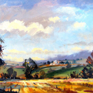 A vibrant landscape painting featuring an expansive view of fields, trees, and a house in the distance under a dynamic, cloudy sky. By Joseph Maxwell Stuart