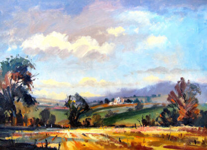 A vibrant landscape painting featuring an expansive view of fields, trees, and a house in the distance under a dynamic, cloudy sky. By Joseph Maxwell Stuart