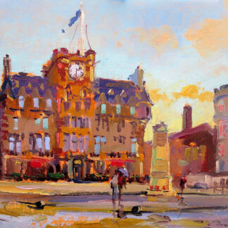 A colorful impressionist painting of an urban scene featuring a large clock on a building, with pedestrians and street elements. By Joseph Maxwell Stuart