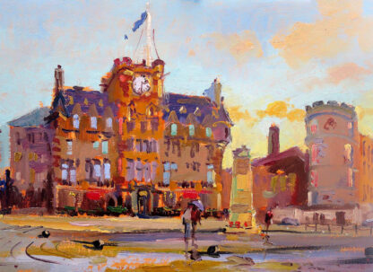 A colorful impressionist painting of an urban scene featuring a large clock on a building, with pedestrians and street elements. By Joseph Maxwell Stuart