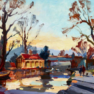 An impressionist-style painting featuring a serene riverside scene with trees, a house, and figures reflecting in the water at sunset. By Joseph Maxwell Stuart
