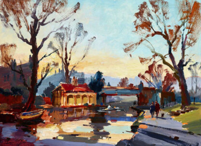 An impressionist-style painting featuring a serene riverside scene with trees, a house, and figures reflecting in the water at sunset. By Joseph Maxwell Stuart