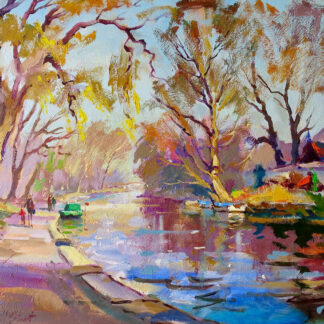 A colorful impressionist-style painting of a tranquil river scene with trees and shadows reflecting on the water's surface. By Joseph Maxwell Stuart