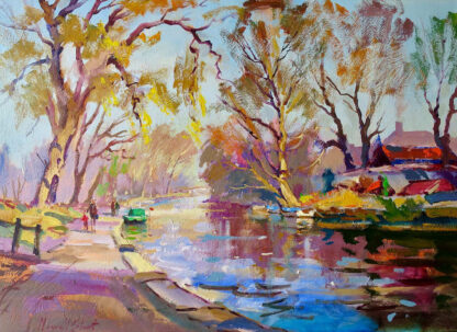 A colorful impressionist-style painting of a tranquil river scene with trees and shadows reflecting on the water's surface. By Joseph Maxwell Stuart