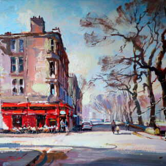 A vibrant painting depicting a street scene with buildings, bare trees, and people, rendered in expressive brush strokes. By Joseph Maxwell Stuart