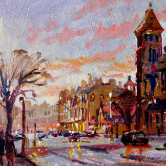 An impressionistic painting of a vibrant sunset over a bustling city street with cars and a pedestrian. By Joseph Maxwell Stuart