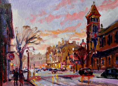 An impressionistic painting of a vibrant sunset over a bustling city street with cars and a pedestrian. By Joseph Maxwell Stuart