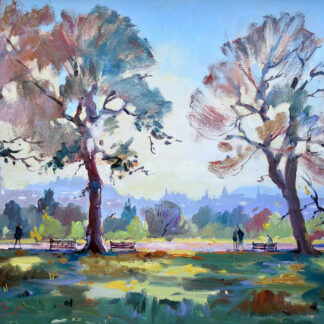 An impressionist painting depicting a vibrant landscape with trees, a few figures, and benches under a bright sky. By Joseph Maxwell Stuart