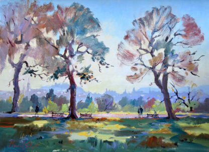 An impressionist painting depicting a vibrant landscape with trees, a few figures, and benches under a bright sky. By Joseph Maxwell Stuart