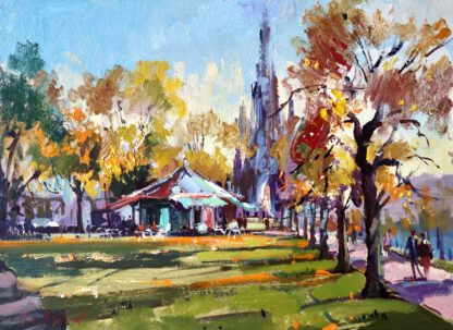 A vibrant impressionist-style painting of a park with trees, people, and a building, under bright, dappled sunlight. By Joseph Maxwell Stuart