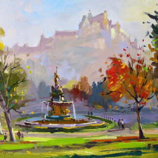 An oil painting of a vibrant park scene with a fountain centerpiece and a castle in the background. By Joseph Maxwell Stuart