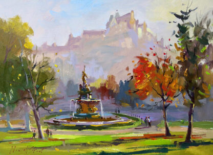 An oil painting of a vibrant park scene with a fountain centerpiece and a castle in the background. By Joseph Maxwell Stuart