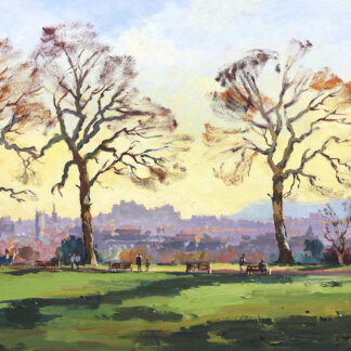 A landscape painting featuring three prominent trees, park benches, and a city silhouette against a cloudy sky in the background. By Joseph Maxwell Stuart