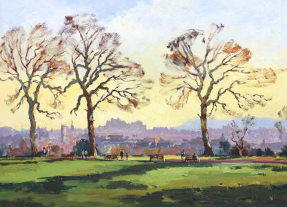 A landscape painting featuring three prominent trees, park benches, and a city silhouette against a cloudy sky in the background. By Joseph Maxwell Stuart