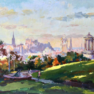 Impressionistic painting of a cityscape with a gazebo on the right and people in a park with lush greenery and a distant city skyline. By Joseph Maxwell Stuart