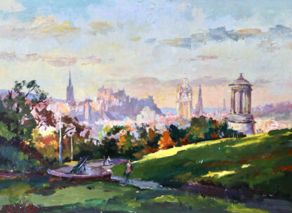 Impressionistic painting of a cityscape with a gazebo on the right and people in a park with lush greenery and a distant city skyline. By Joseph Maxwell Stuart