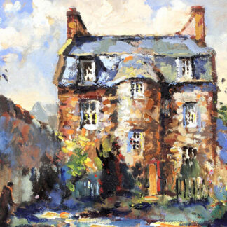 An impressionist-style painting of an old two-story house with textured brush strokes in a natural setting. By Joseph Maxwell Stuart