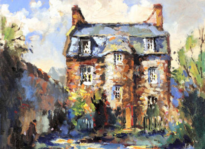 An impressionist-style painting of an old two-story house with textured brush strokes in a natural setting. By Joseph Maxwell Stuart