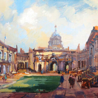 An impressionist painting depicting a lively square with classical architecture under a bright sky. By Joseph Maxwell Stuart