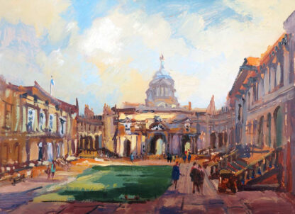 An impressionist painting depicting a lively square with classical architecture under a bright sky. By Joseph Maxwell Stuart