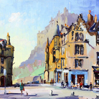 An impressionistic painting of a lively street scene with buildings, shops, and people under a clear sky. By Joseph Maxwell Stuart