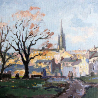 An impressionistic painting depicting a cityscape with bare trees, a spire, buildings, and a figure walking along a path under a blue sky. By Joseph Maxwell Stuart