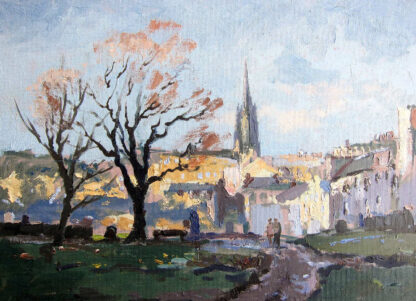 An impressionistic painting depicting a cityscape with bare trees, a spire, buildings, and a figure walking along a path under a blue sky. By Joseph Maxwell Stuart