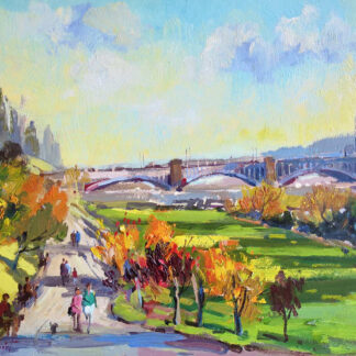 The image depicts a vibrant, impressionistic painting of a park with people, trees in autumn colors, and a cityscape in the background under a blue sky. By Joseph Maxwell Stuart