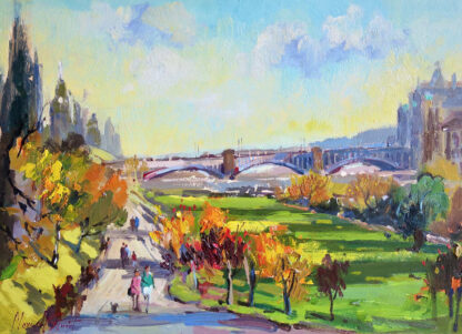 The image depicts a vibrant, impressionistic painting of a park with people, trees in autumn colors, and a cityscape in the background under a blue sky. By Joseph Maxwell Stuart