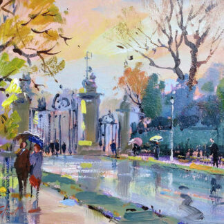 An impressionist painting depicting people with umbrellas strolling near classical architecture under a canopy of trees. By Joseph Maxwell Stuart