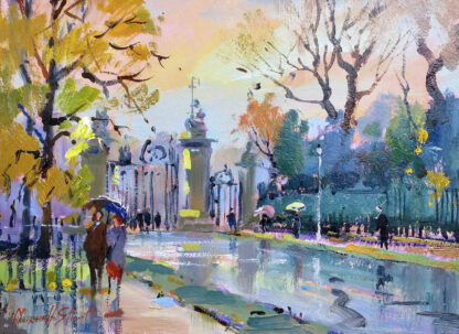 An impressionist painting depicting people with umbrellas strolling near classical architecture under a canopy of trees. By Joseph Maxwell Stuart