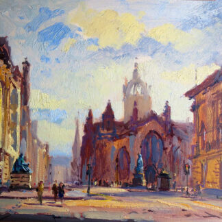 An impressionistic painting of a sunlit city street with pedestrians, buildings, and a church under a blue sky with clouds. By Joseph Maxwell Stuart