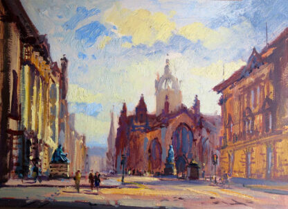 An impressionistic painting of a sunlit city street with pedestrians, buildings, and a church under a blue sky with clouds. By Joseph Maxwell Stuart