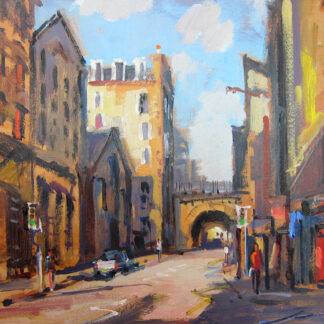 A vibrant oil painting depicting a sunny urban street scene with buildings, shadows, and a distant archway. By Joseph Maxwell Stuart