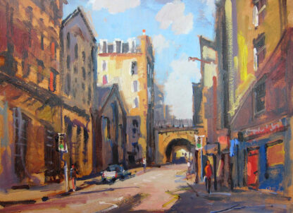 A vibrant oil painting depicting a sunny urban street scene with buildings, shadows, and a distant archway. By Joseph Maxwell Stuart