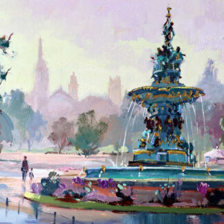 An impressionistic painting of an ornate fountain with people strolling by in a park-like setting. By Joseph Maxwell Stuart