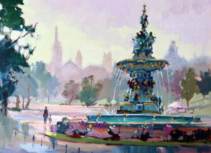 An impressionistic painting of an ornate fountain with people strolling by in a park-like setting. By Joseph Maxwell Stuart