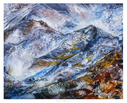The image displays an abstract colorful painting resembling a mountainous landscape with varied brushstrokes and textures. By Julie Arbuckle
