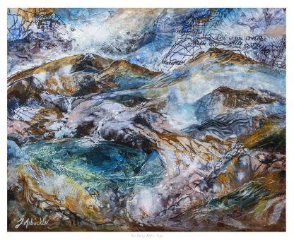 The image displays an abstract, textured painting that portrays a dynamic and colorful interpretation of a mountainous landscape. By Julie Arbuckle