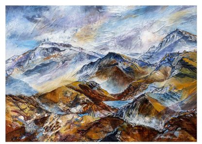 The image features a vibrant, textured painting of a mountainous landscape with dynamic brush strokes and a mix of cool and warm colors. By Julie Arbuckle
