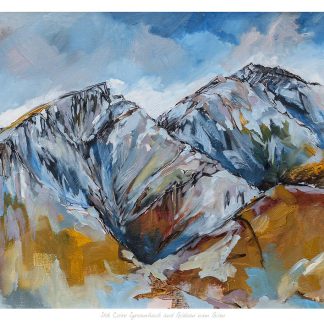 A colorful painting depicting a rugged mountain landscape under a dynamic blue sky. By Julie Arbuckle