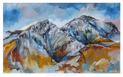 A colorful painting depicting a rugged mountain landscape under a dynamic blue sky. By Julie Arbuckle