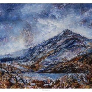 The image showcases a vibrant, textured painting of a mountain landscape with a lake in the foreground and dynamic brush strokes in the skies. By Julie Arbuckle