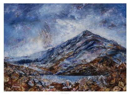 The image showcases a vibrant, textured painting of a mountain landscape with a lake in the foreground and dynamic brush strokes in the skies. By Julie Arbuckle