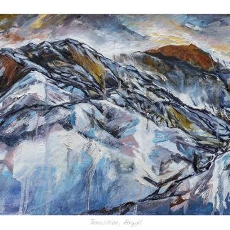 An expressive painting depicting a rugged mountain landscape with dynamic brushstrokes and a vibrant mix of colors suggesting different times of day or weather conditions. By Julie Arbuckle