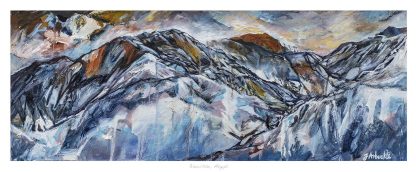 An expressive painting depicting a rugged mountain landscape with dynamic brushstrokes and a vibrant mix of colors suggesting different times of day or weather conditions. By Julie Arbuckle